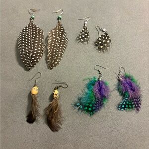 Lot Of 4 Genuine Feather Earrings Dangle Wire Hooks Beads Pheasant